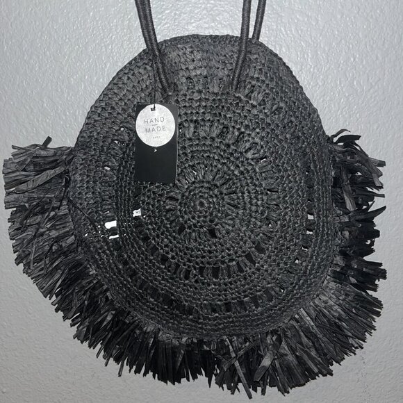 ZARA NWT Black Handmade Raffia Round Bag with Fringe & Attached Interior Purse - Picture 2 of 7